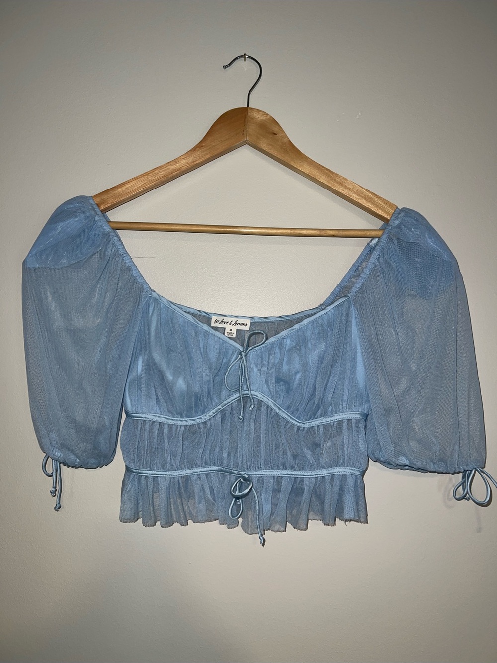 For Love & Lemons Light Blue Puff Sleeve Sheer Crop Top Medium